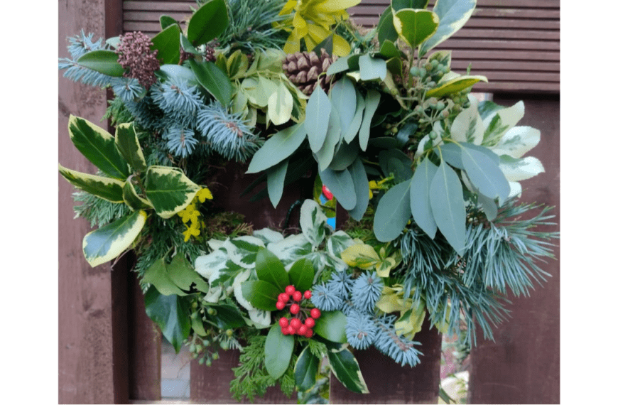 a handmade christmas wreath and Oil Salvage logo