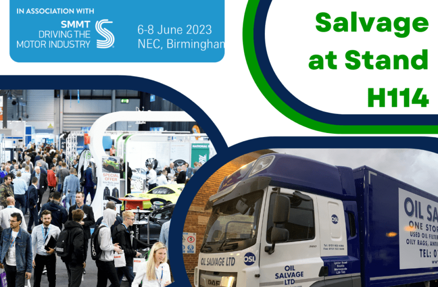 a banner promoting Oil Salvage's appearance at Automechanika Birmingham on the 6th-8th of June at the Birmingham NEC. Text reads: 'Meet Oil Salvage at stand H114'