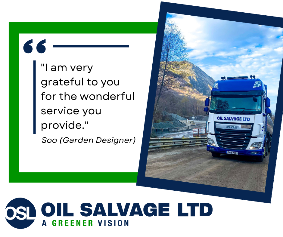 Review from Soo, a garden designer who received our waste oil collection service. The text reads: "I am very grateful to you for the wonderful service you provide."